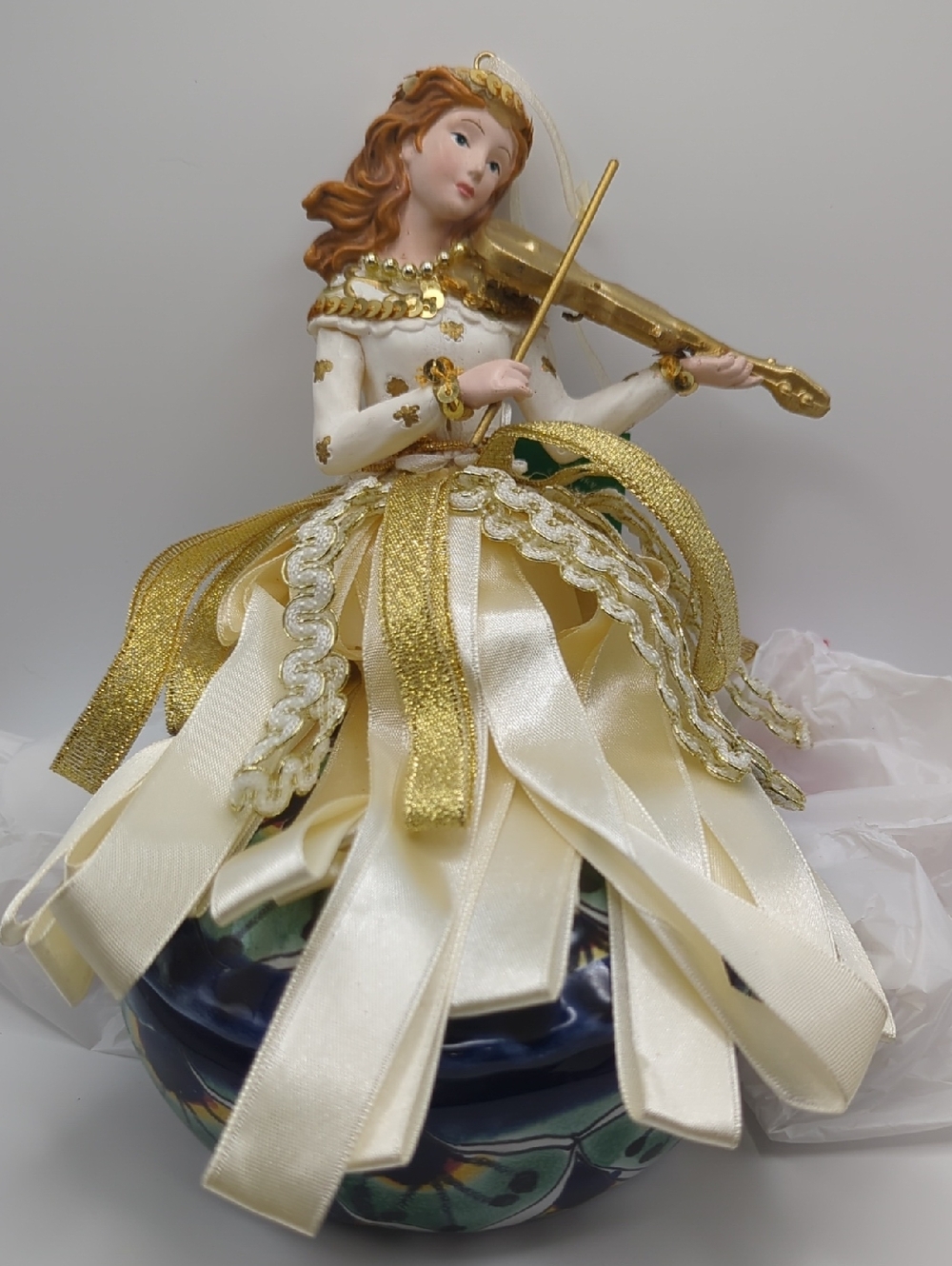 Kurt Adler Porcelain Angel Violin Ornament/Tree Topper in Cream and Gold Gown